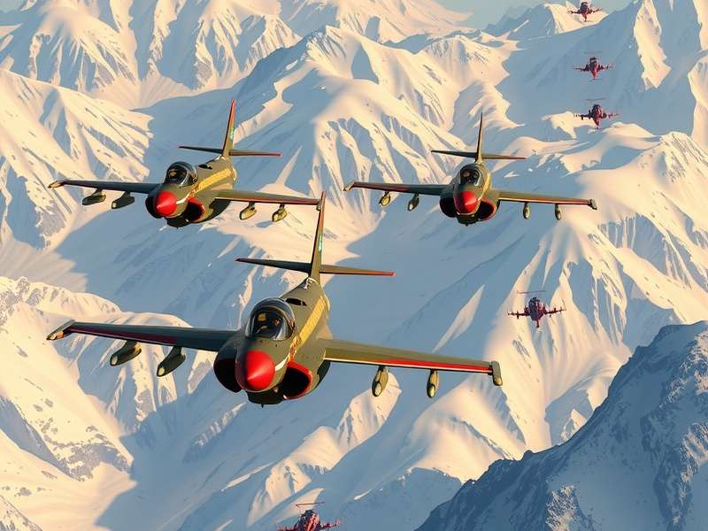 Ace Valiant Crusade gameplay screenshot showing Indian Air Force pilots in HAL Tejas fighter jets navigating the Himalayan mountain ranges during a strategic air combat mission against enemy forces